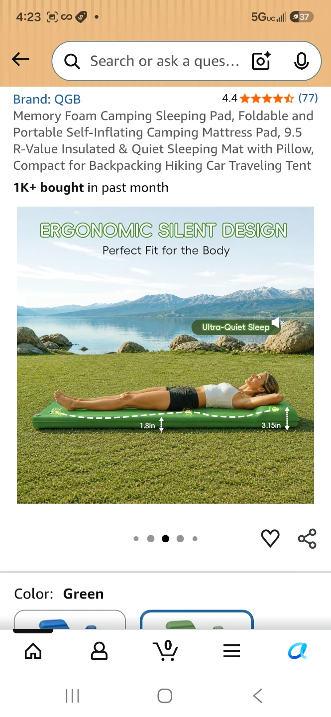 QGB Memory Foam Self-Inflating Camping Sleeping Pad Green - photo 3
