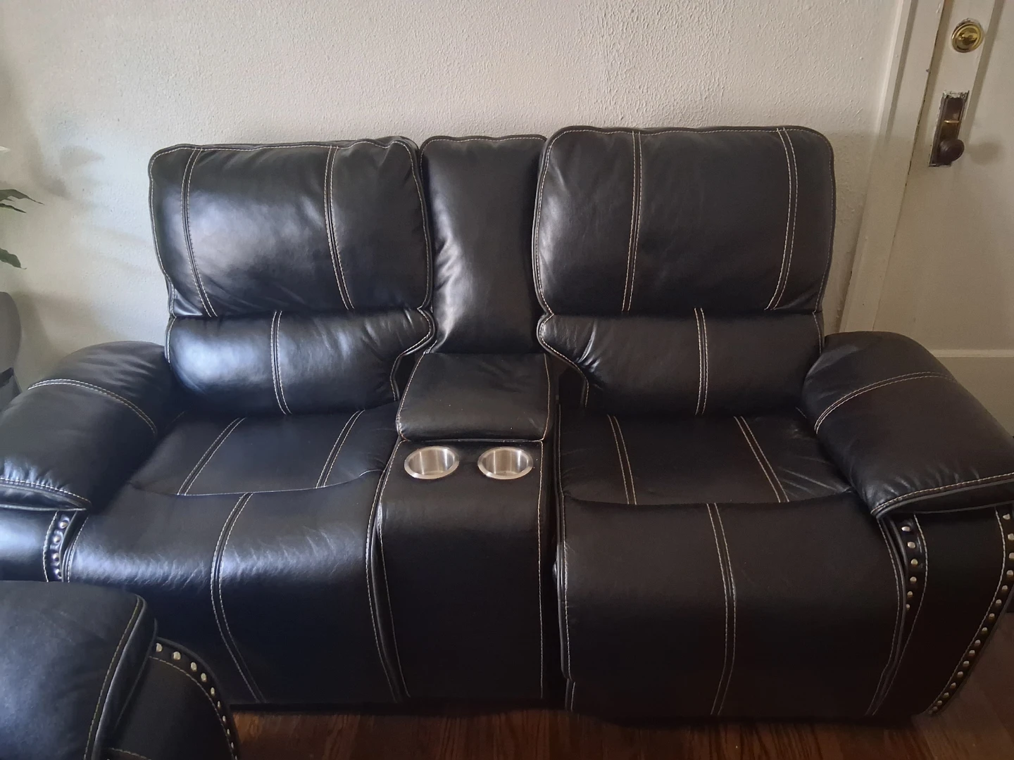 Black Faux Leather Loveseat with Cup Holders