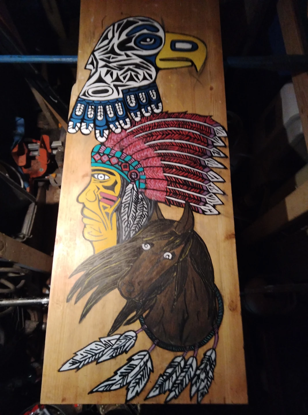 Hand-Painted Wood Art - Eagle, Indigenous Man, and Horse