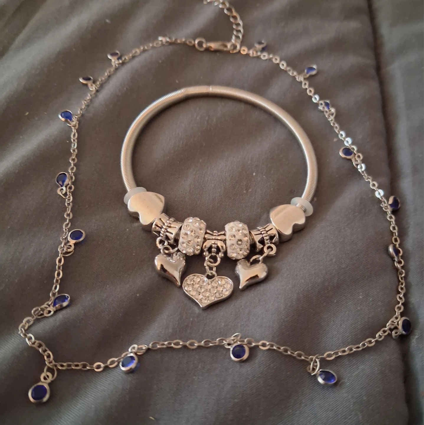 Silver-tone Bracelet and Necklace Set with Blue Gems