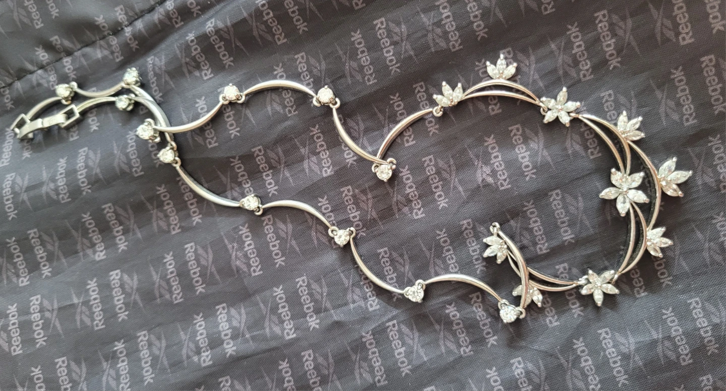 Silver-toned Necklace with Rhinestone Flowers