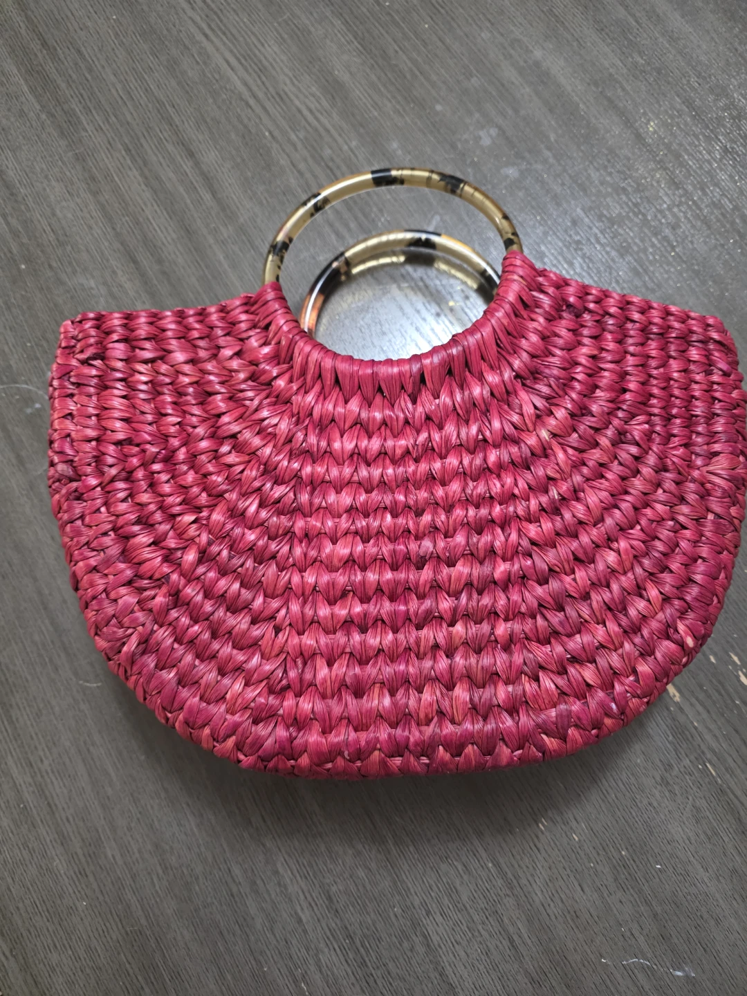 Pink Woven Straw Tote Bag with Tortoiseshell Handles