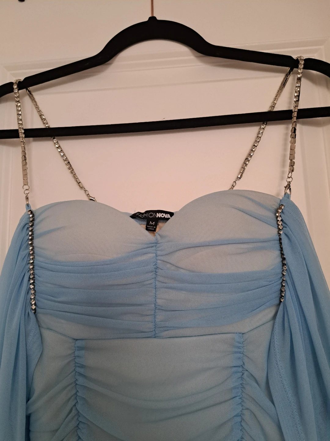 Fashion Nova Blue Ruched Mini Dress with Rhinestone Straps - photo 5