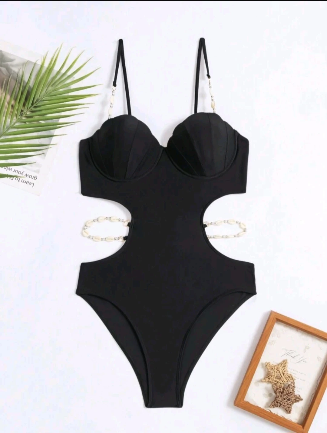 Black Cutout One-Piece Swimsuit with Shell Beading - photo 4