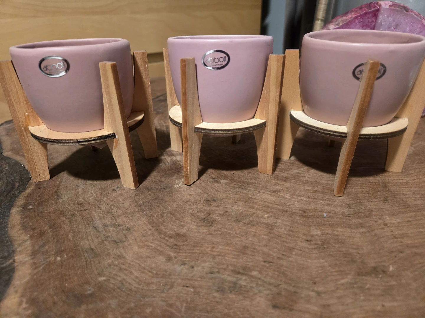 Abbott Pink Ceramic Planter Set with Wooden Stands (Set of 3)
