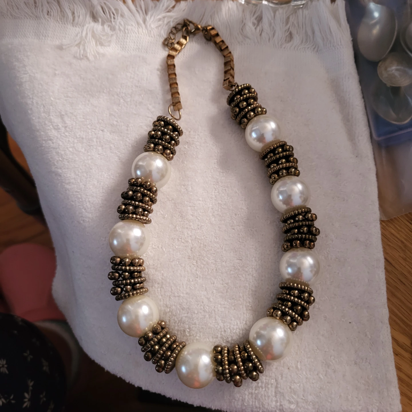 Pearl and Bronze Tone Beaded Necklace