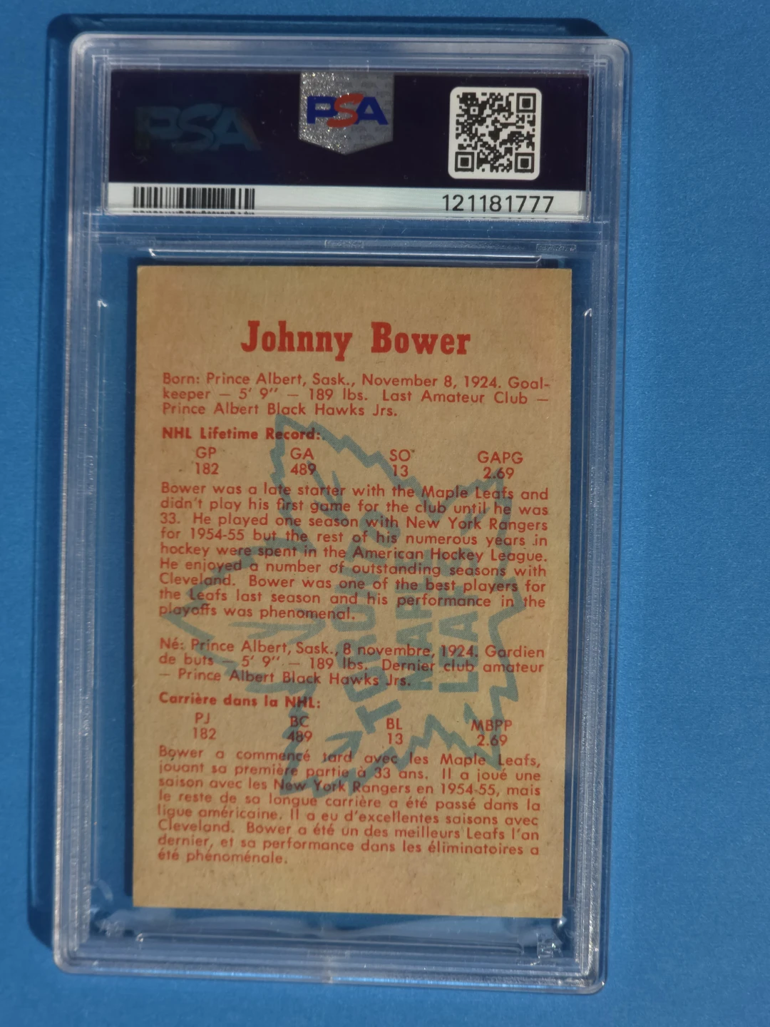 1960 Parkhurst Johnny Bower Hockey Card - photo 2