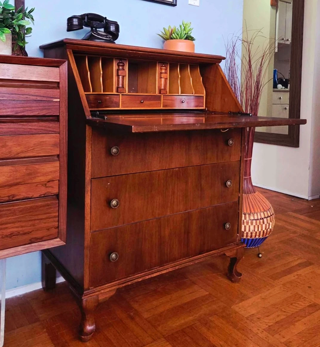 Antique Drop Down Solid Walnut Secretary Desk With 2 Drawers - photo 2