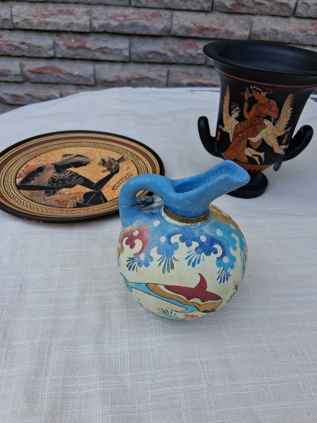 Greek replica vase, plate, and jug