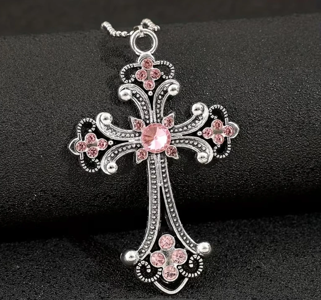 Silver-tone cross necklace with pink crystals