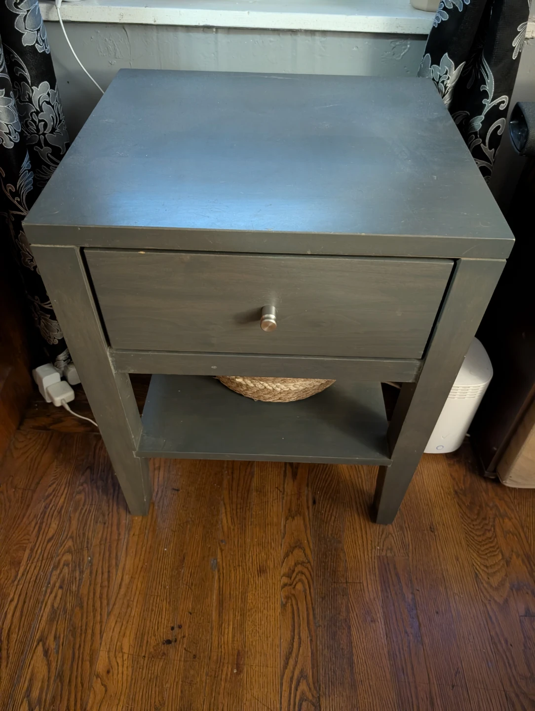 Gray Nightstand with Drawer and Shelf