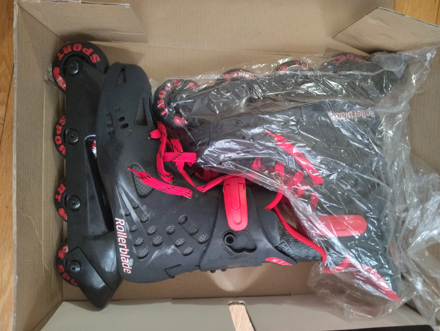 Rollerblades with roller blade standard protective pack.