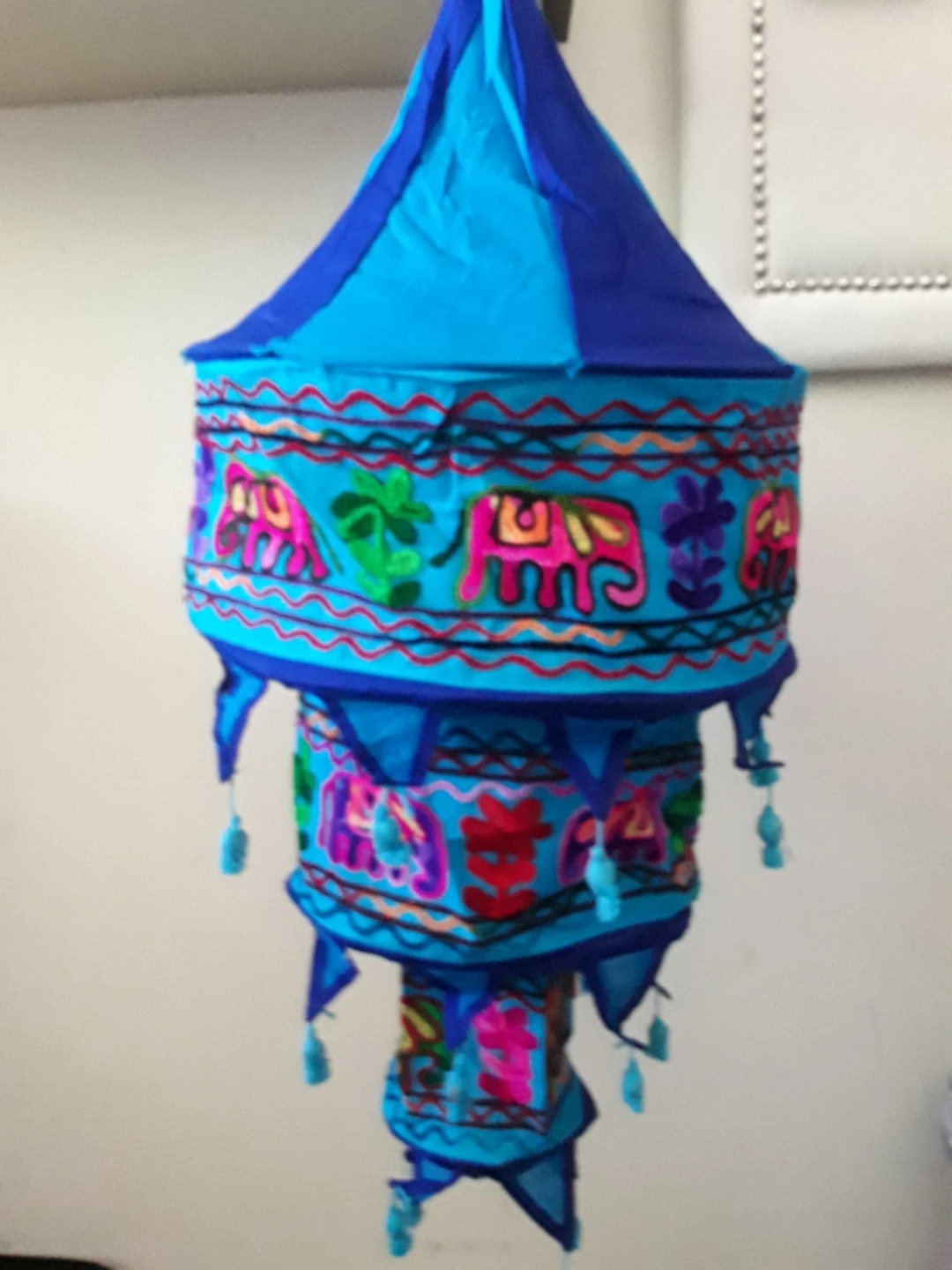 Boho Blue Embroidered Elephant Hanging Lantern