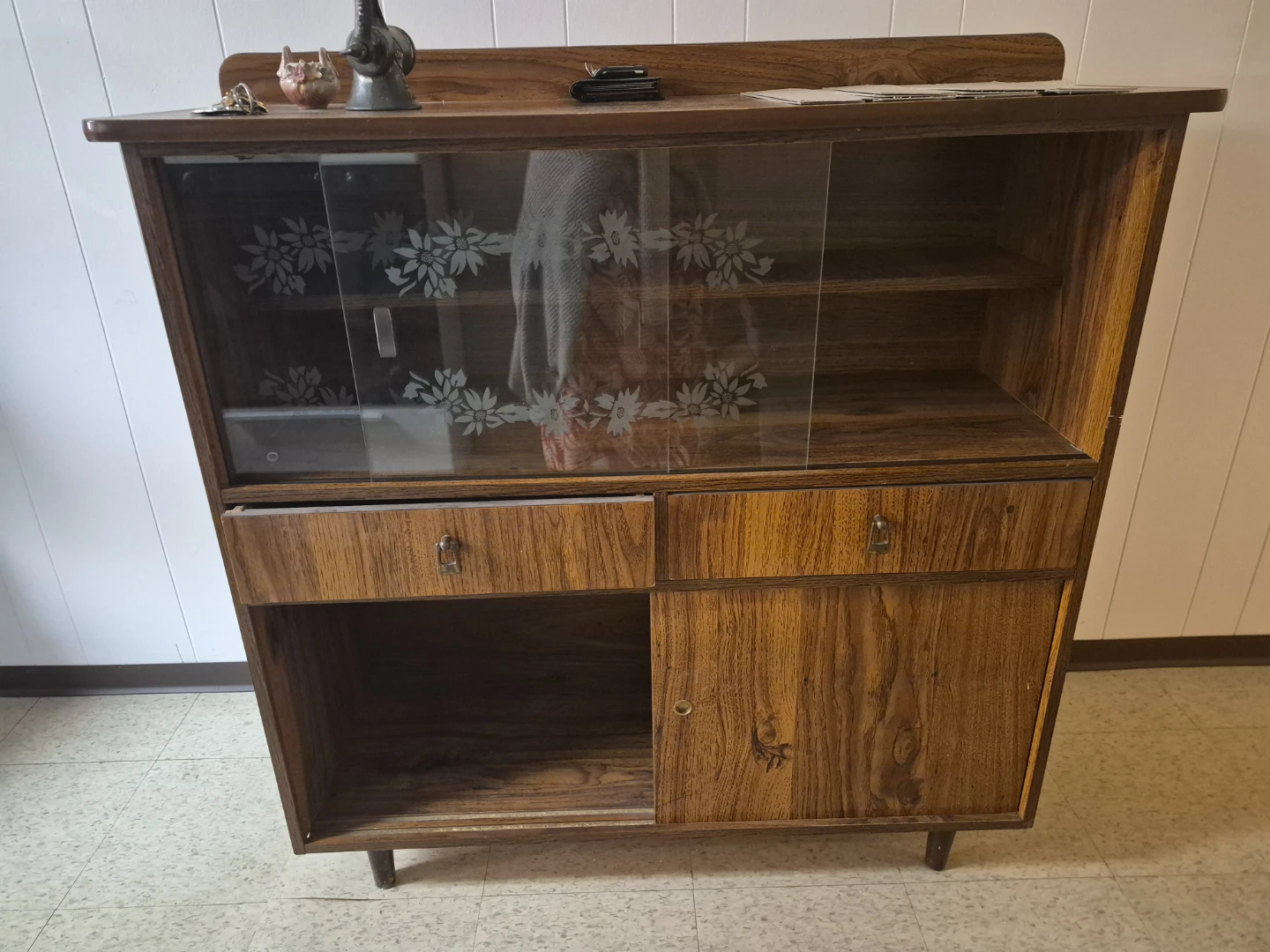 Vintage Wooden Display Cabinet with Glass Doors