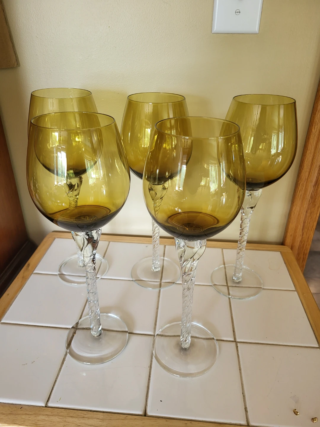 Set of 5 Vintage Amber Wine Glasses with Twisted Stems
