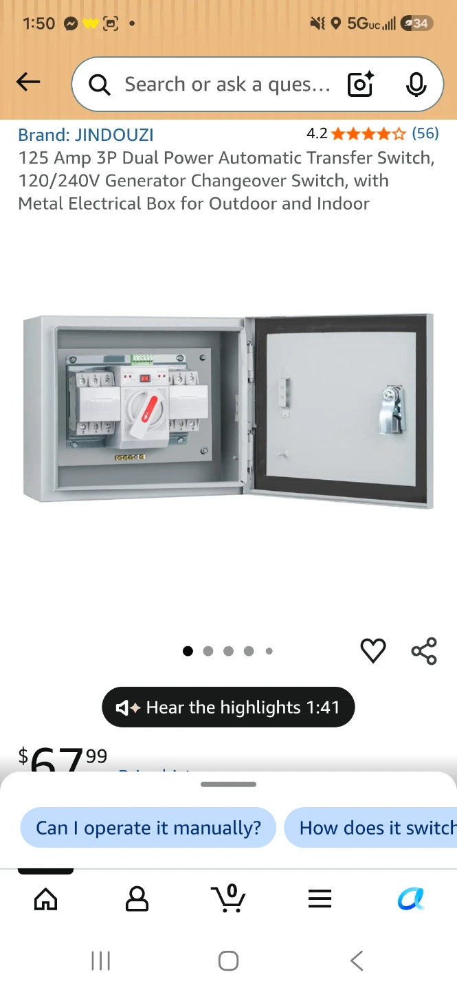 JINDOOZI 125 Amp 3P Dual Power Automatic Transfer Switch