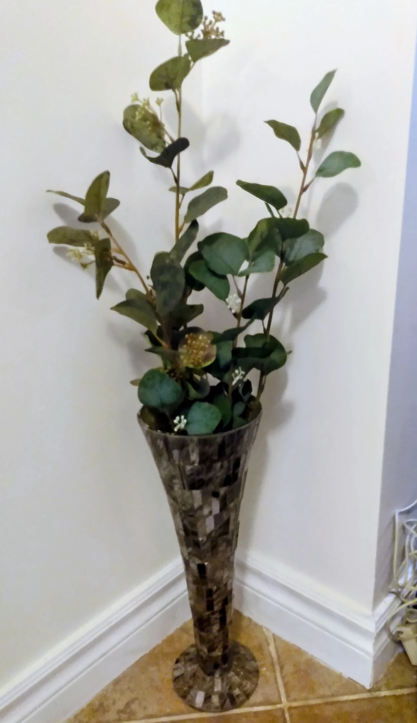 Decorative Faux Eucalyptus Arrangement in Mosaic Vase