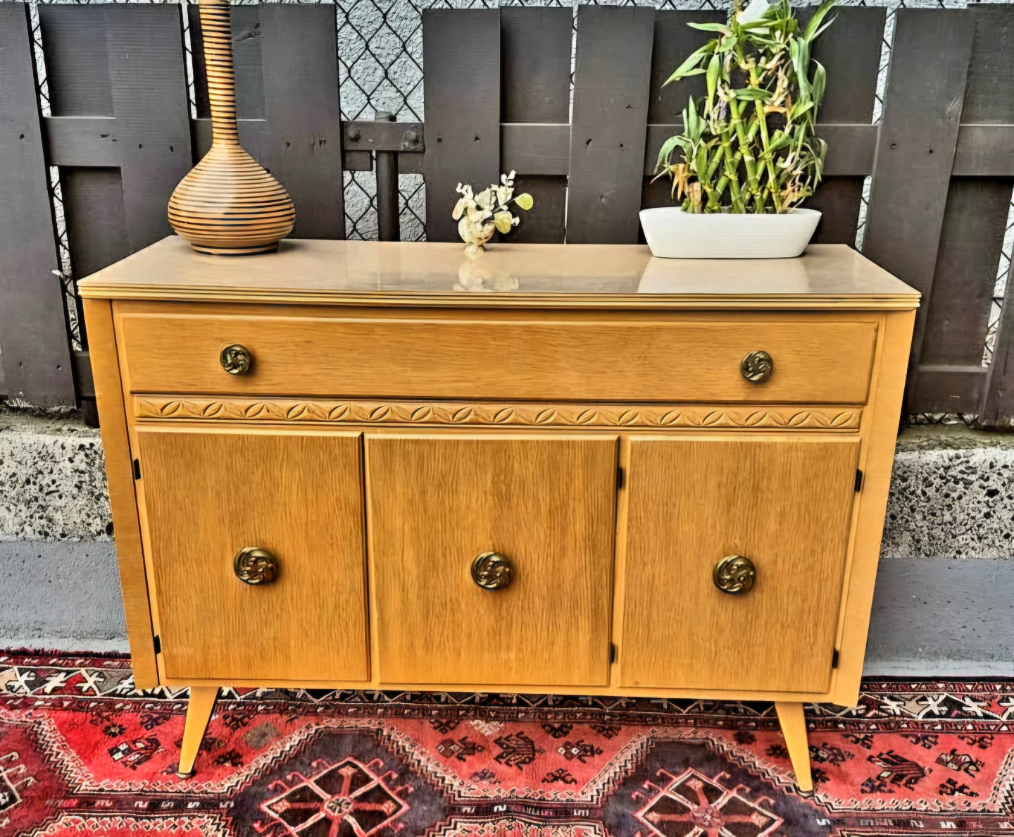 MCM Walnut Lowboy Dresser With Brass Accents