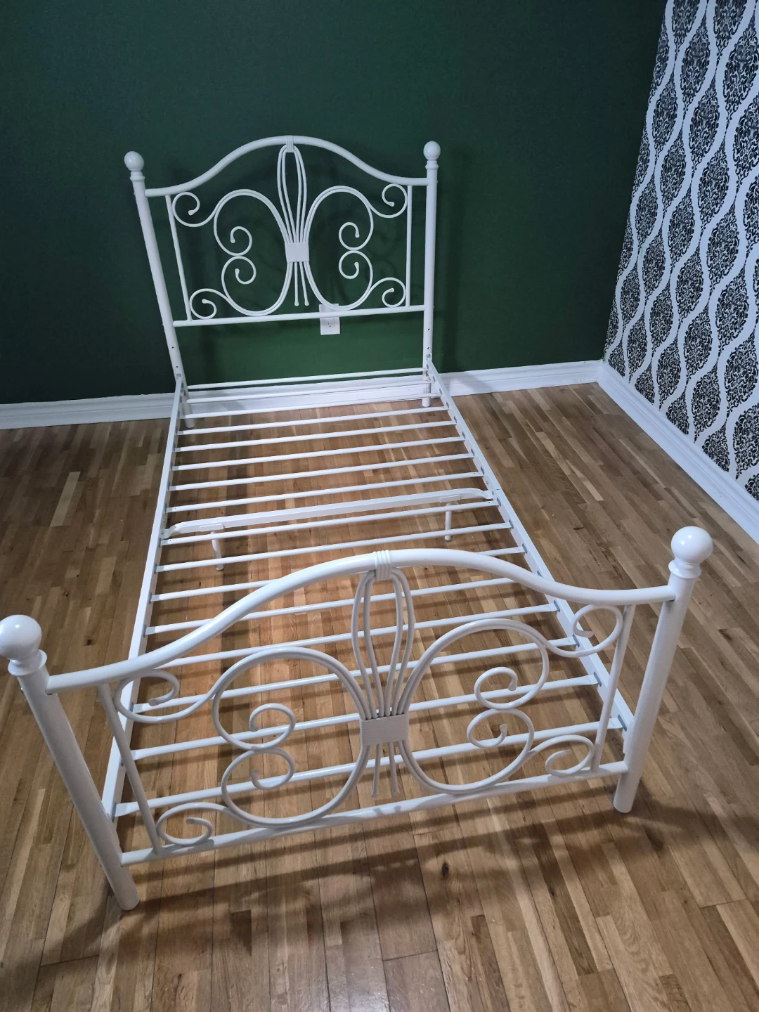 White Metal Bed Frame with Ornate Headboard