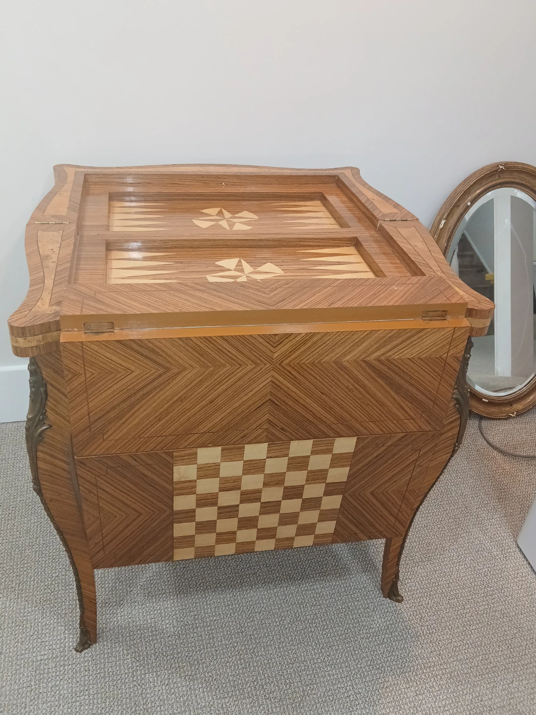 Vintage Inlaid Wood Game Table with Chess and Backgammon Boards