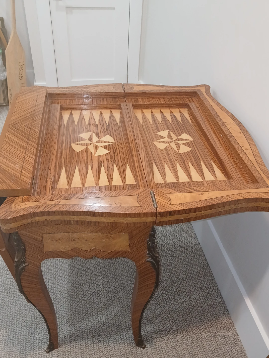 Vintage Inlaid Wood Game Table with Chess and Backgammon Boards - photo 2