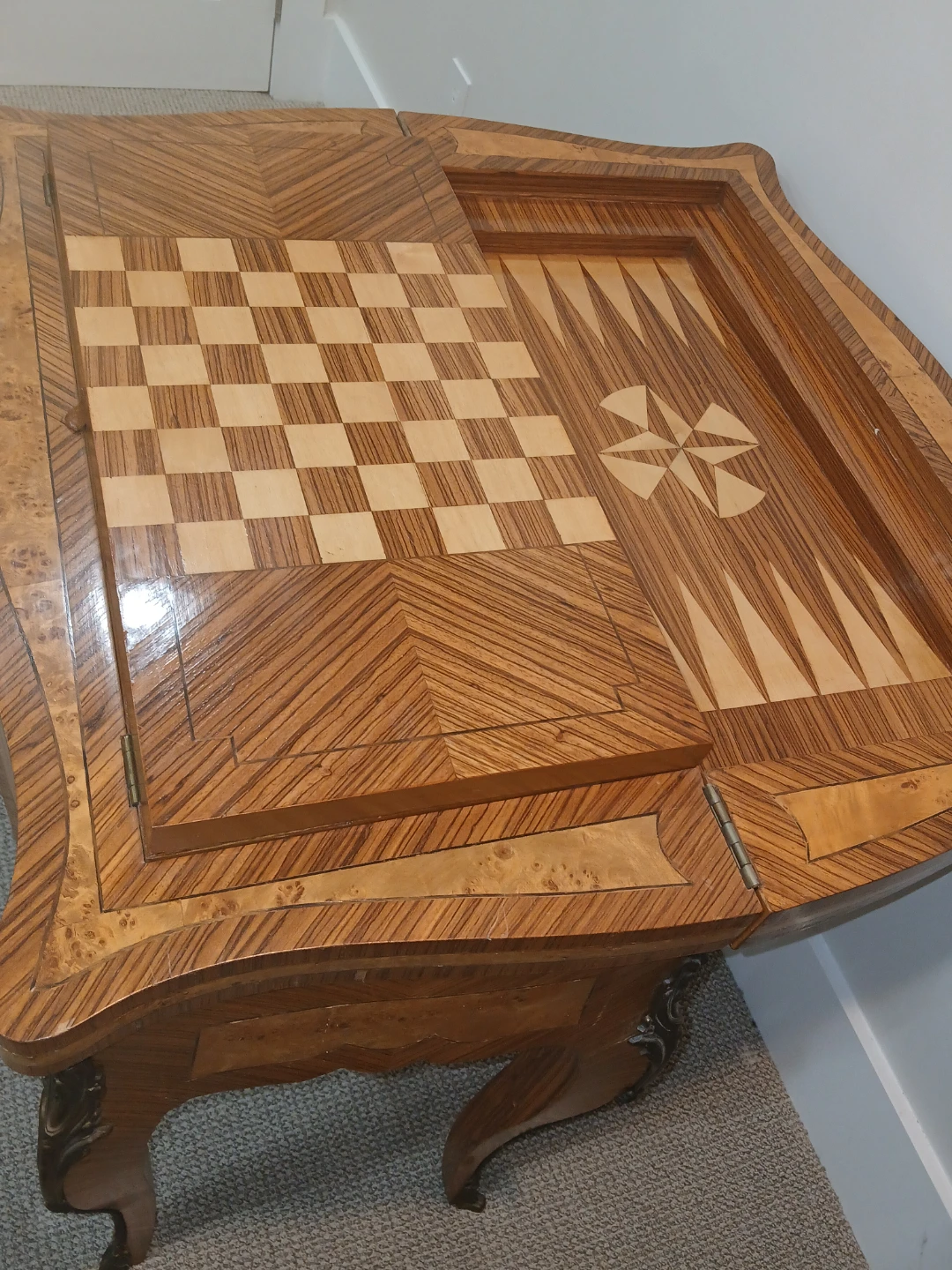 Vintage Inlaid Wood Game Table with Chess and Backgammon Boards - photo 5