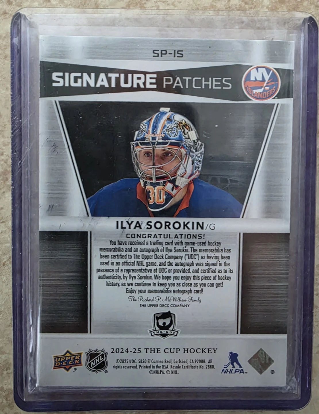 Ilya Sorokin Autographed 2024-25 The Cup Hockey Card 30/99