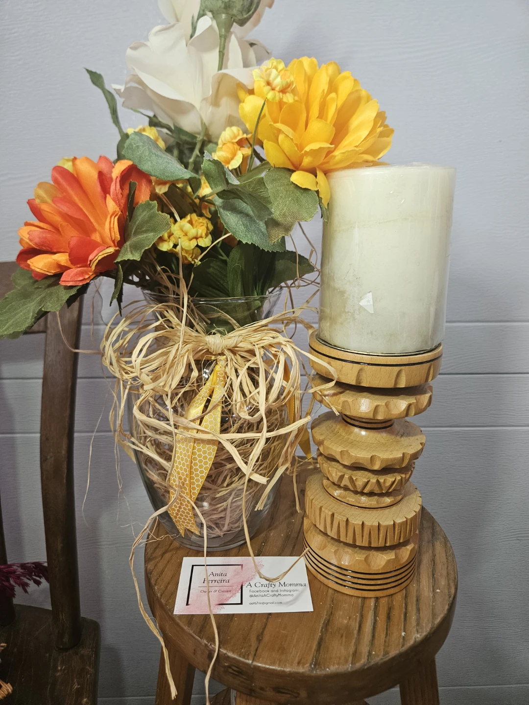Wooden Candle Pier 1, and Holder with Faux Flowers