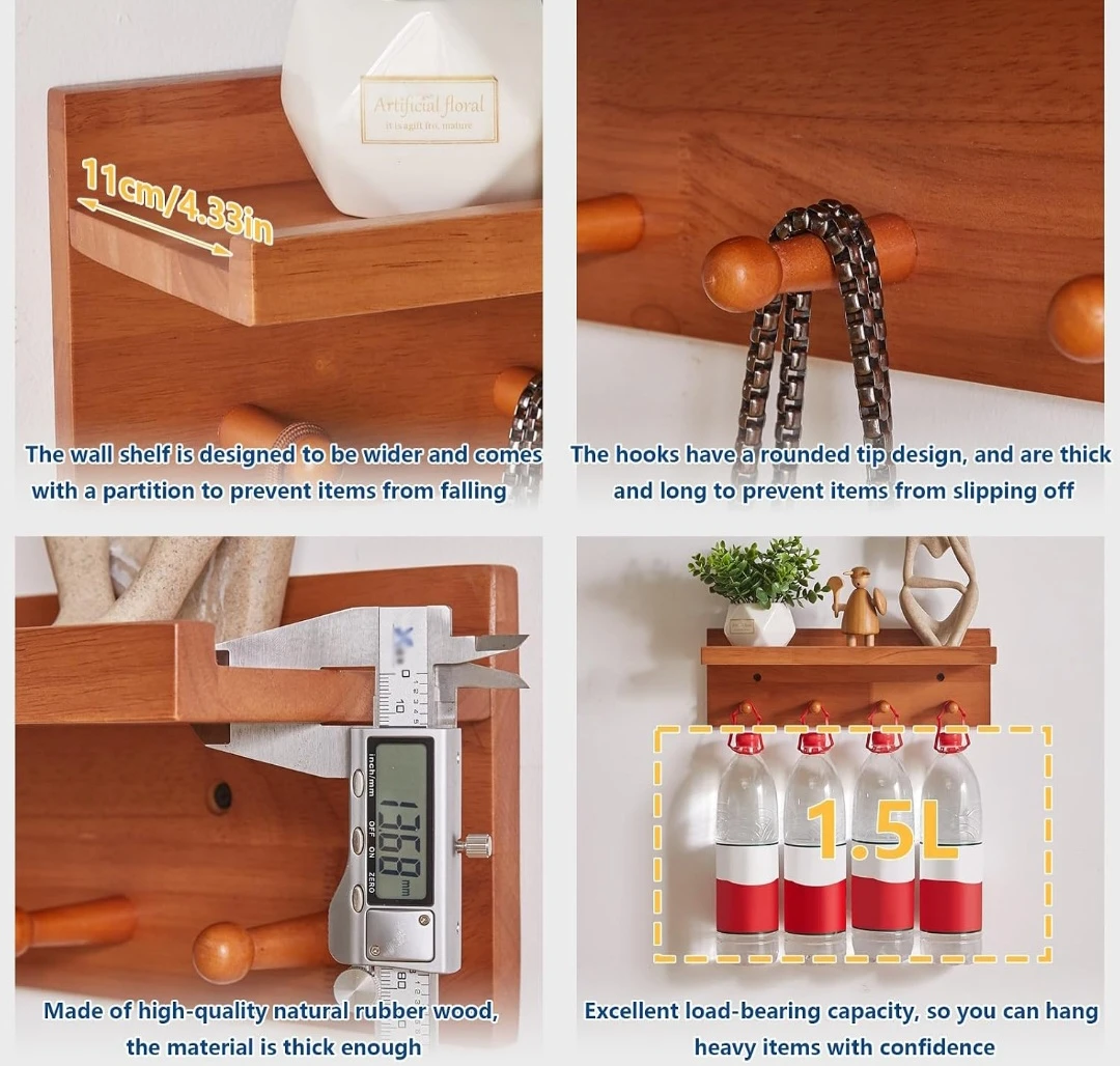 Wooden Wall Shelf with Hooks - photo 4