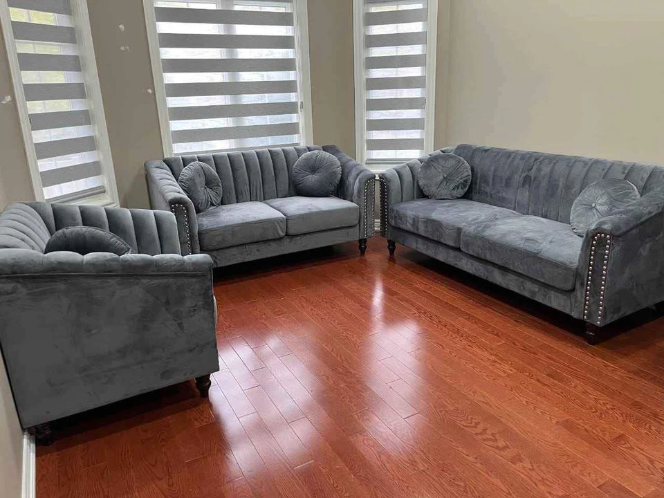 Grey Velvet Sofa Set with Accent Pillows