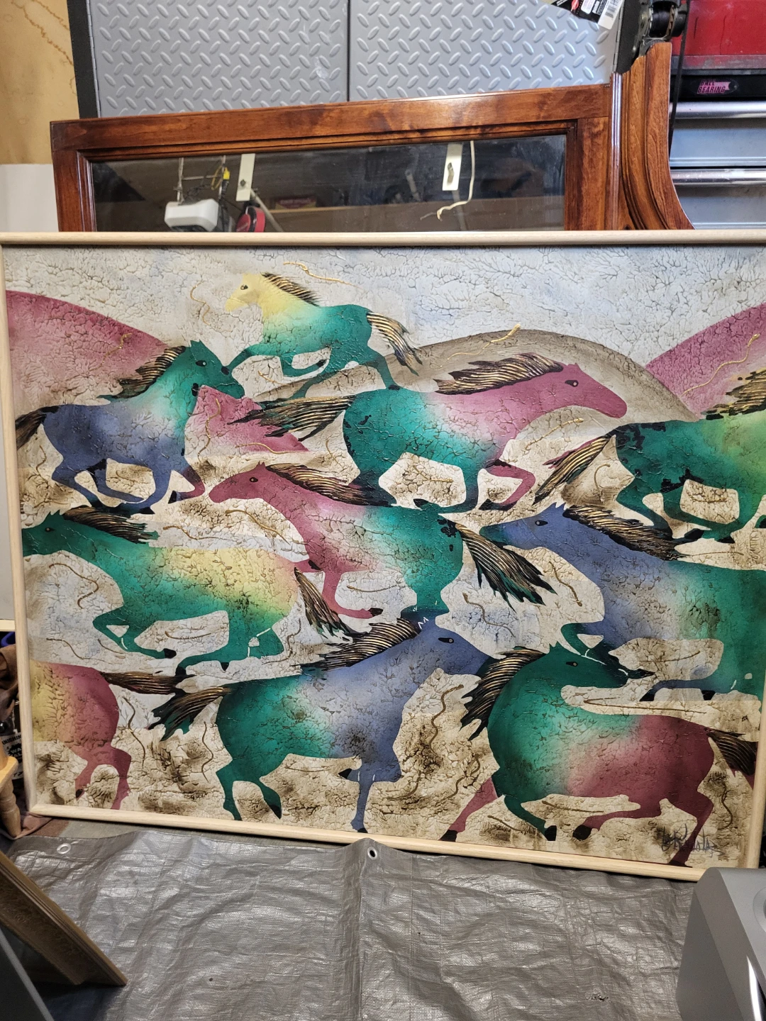 Framed Painting of Horses and Large Gold Frame Mirror