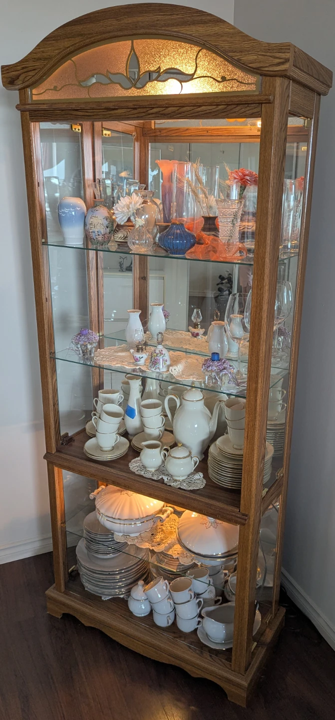 Oak Display Cabinet with Glass Doors and Stained Glass Accent