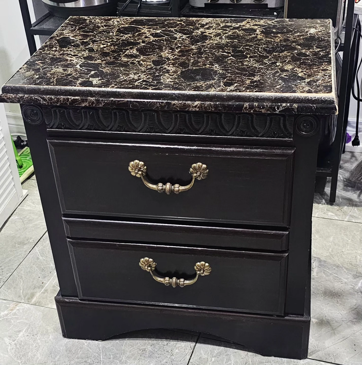 Dark Brown Nightstand with Faux Marble Top