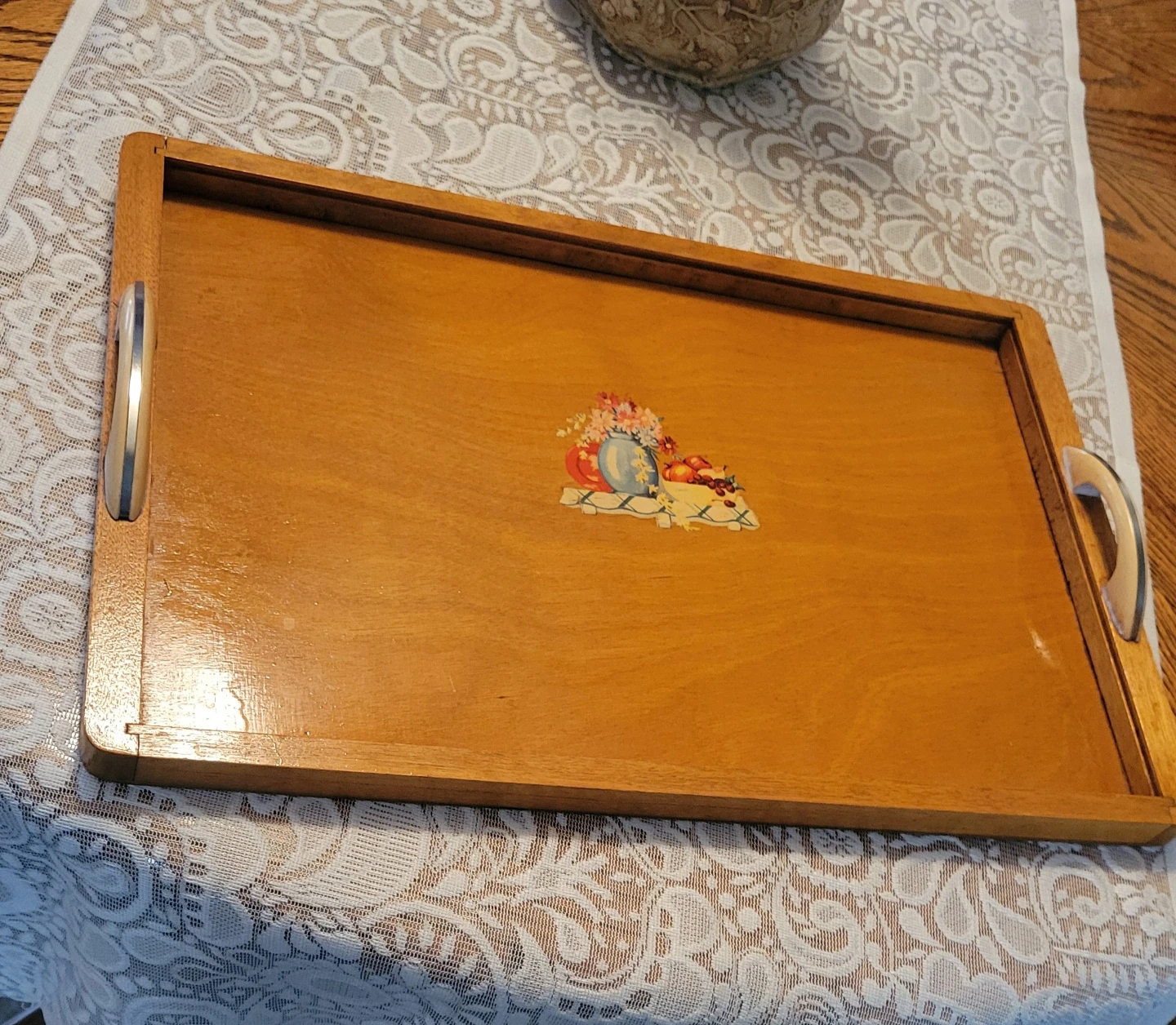 Vintage Wooden Serving Tray with Floral and Fruit  Decal - photo 2