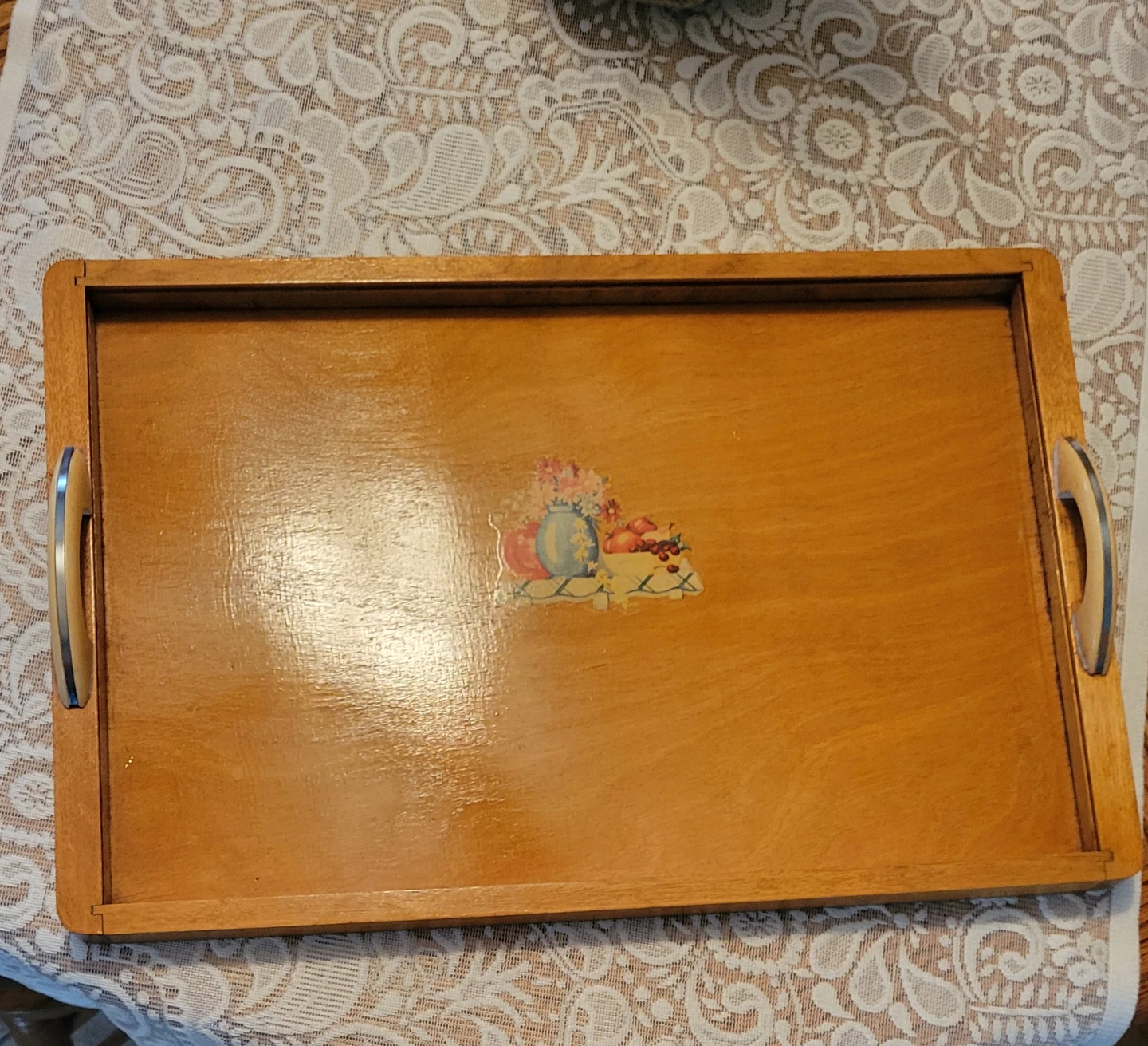 Vintage Wooden Serving Tray with Floral and Fruit  Decal - photo 3