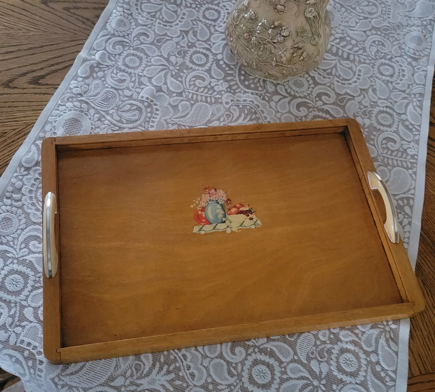Vintage Wooden Serving Tray with Floral and Fruit  Decal - photo 5