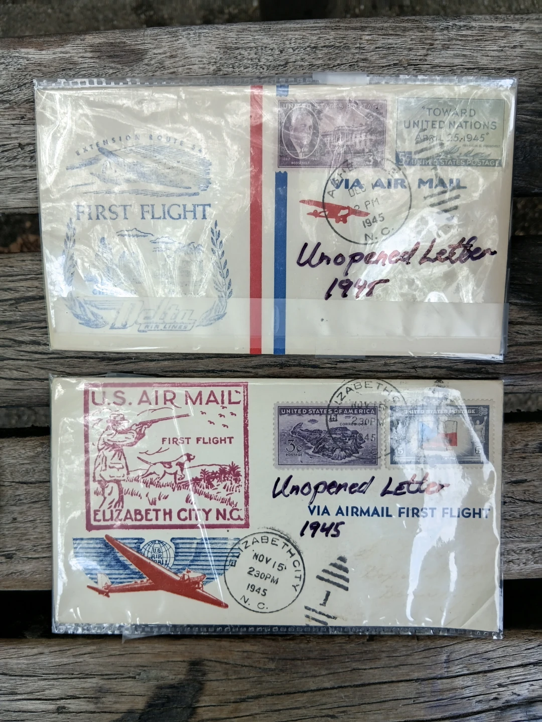 Lot of 2 Unopened First Flight Airmail Letters 1945