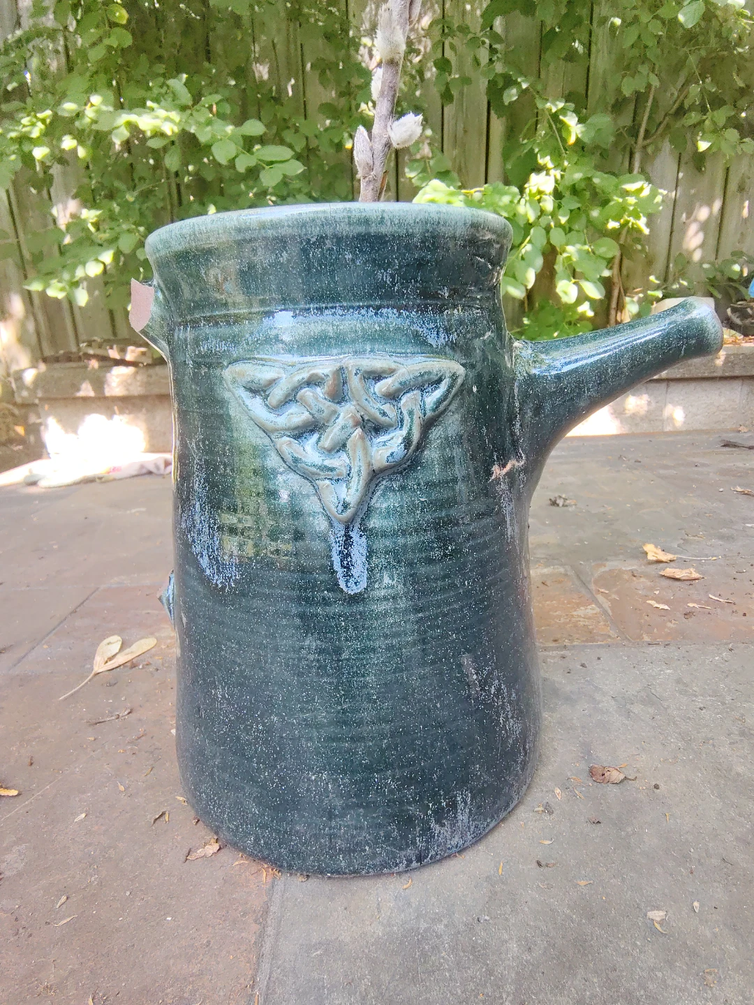 Green Ceramic Pitcher with Celtic Knot Design