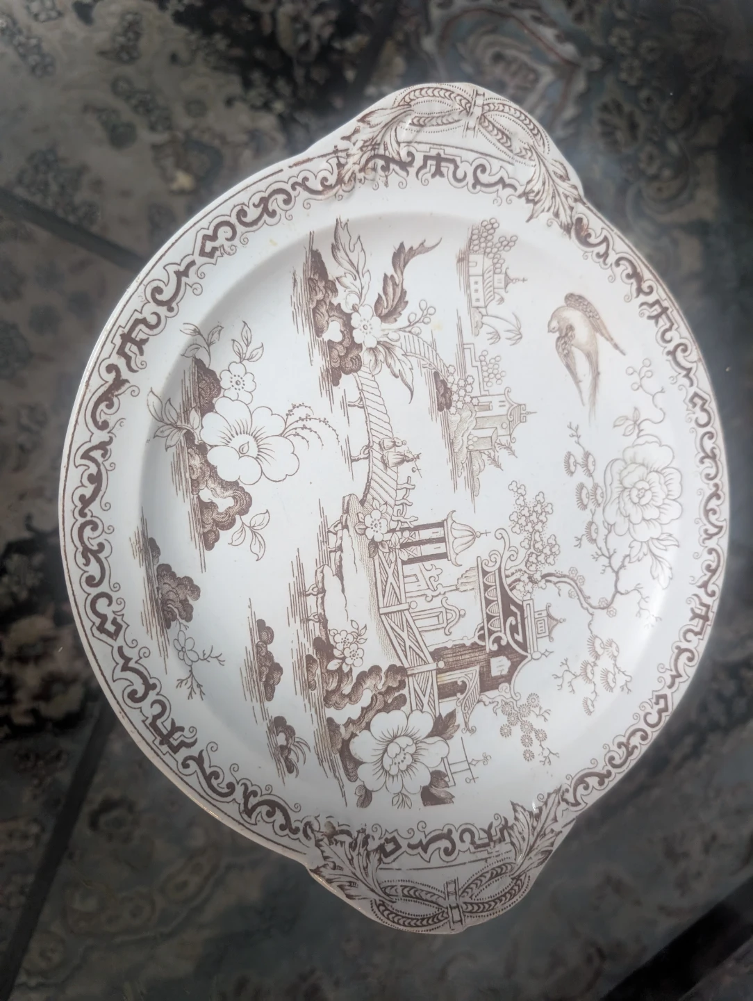 Brown Transferware Plate with Scenic Design