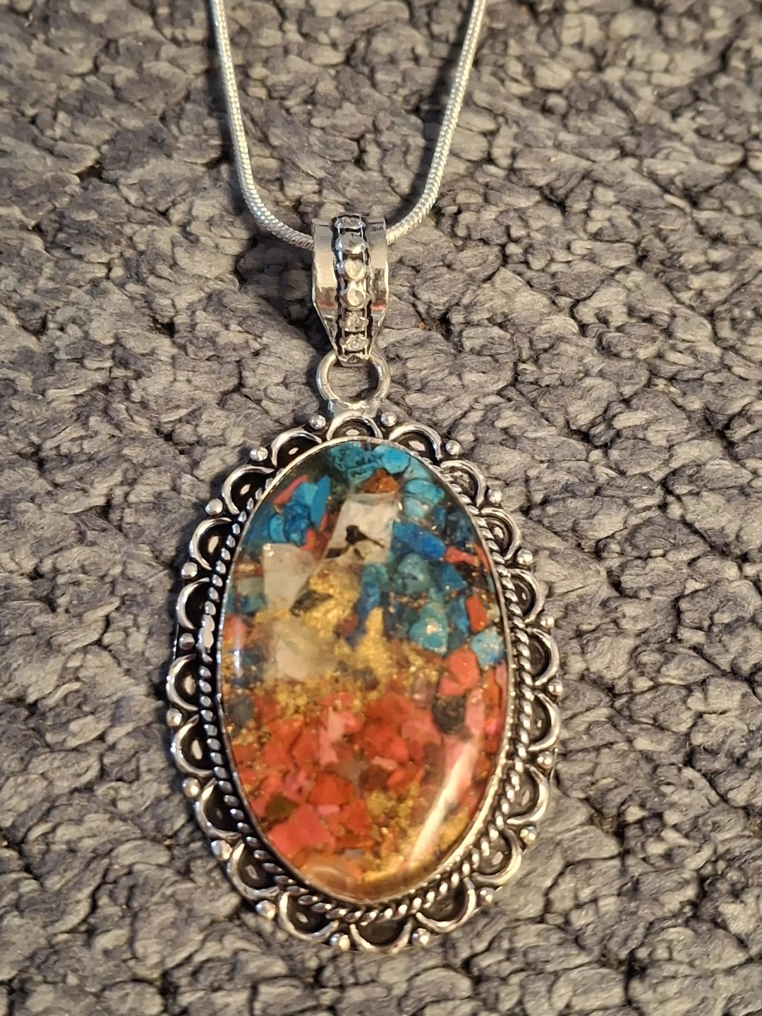 Sterling Silver Red  Coral  and Turquoise  Necklace