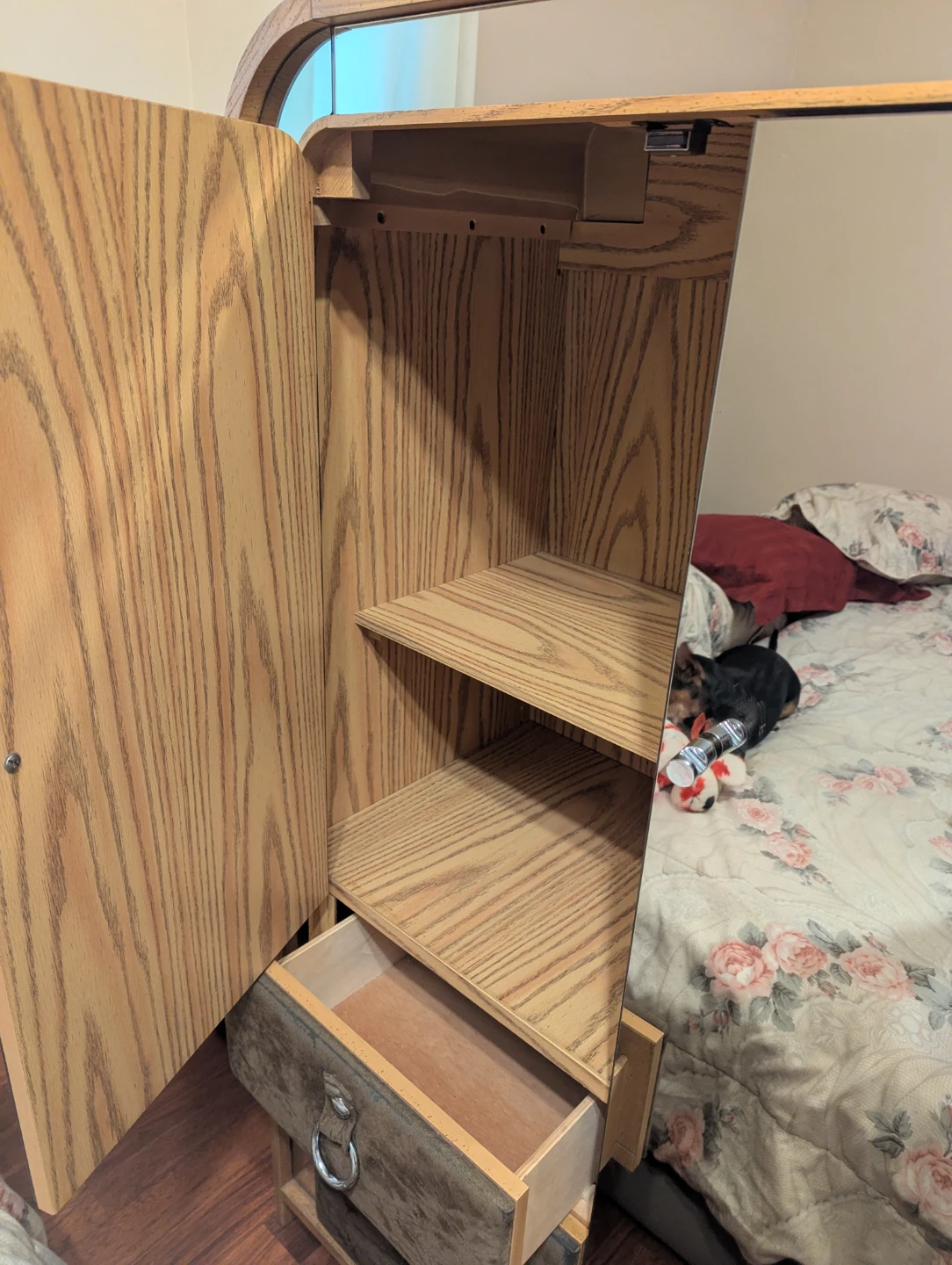 Wooden Mirrored Armoire with Shelves and Drawer