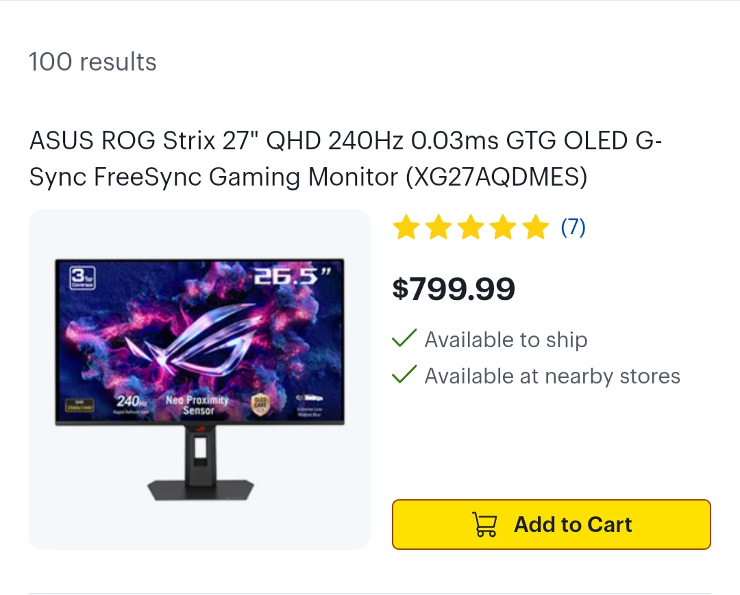 ASUS XG27AQDMES 27" 1440P 240Hz Semi-Gloss