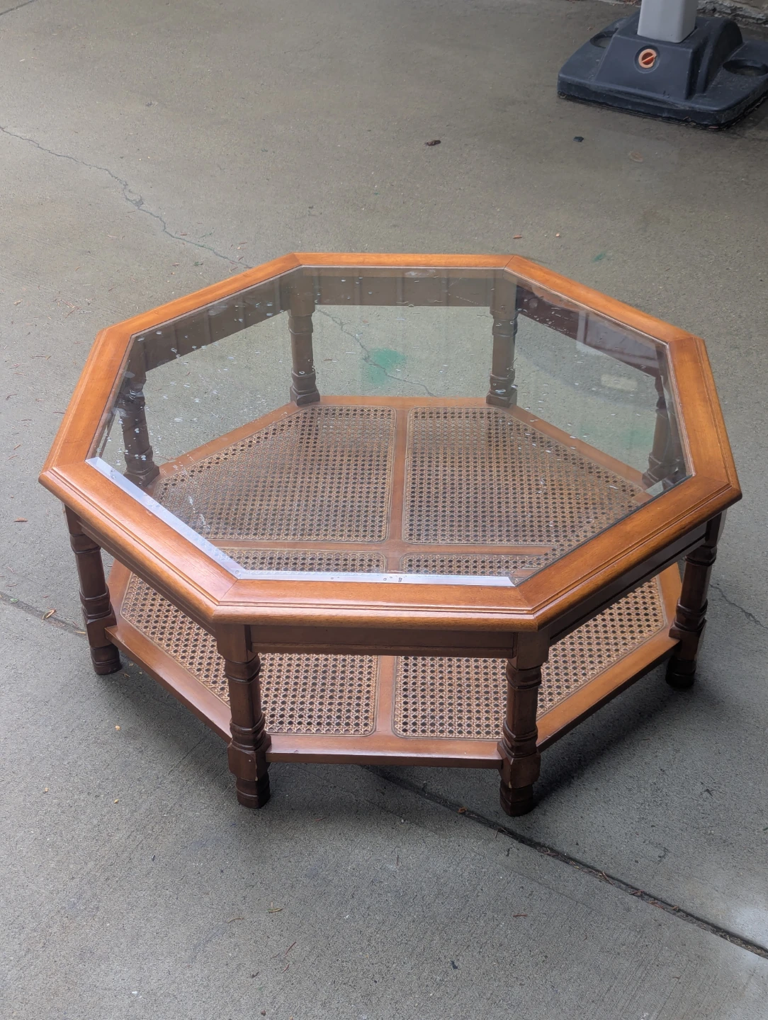 Vintage Octagon Glass Top Oak Coffee & End Table Set