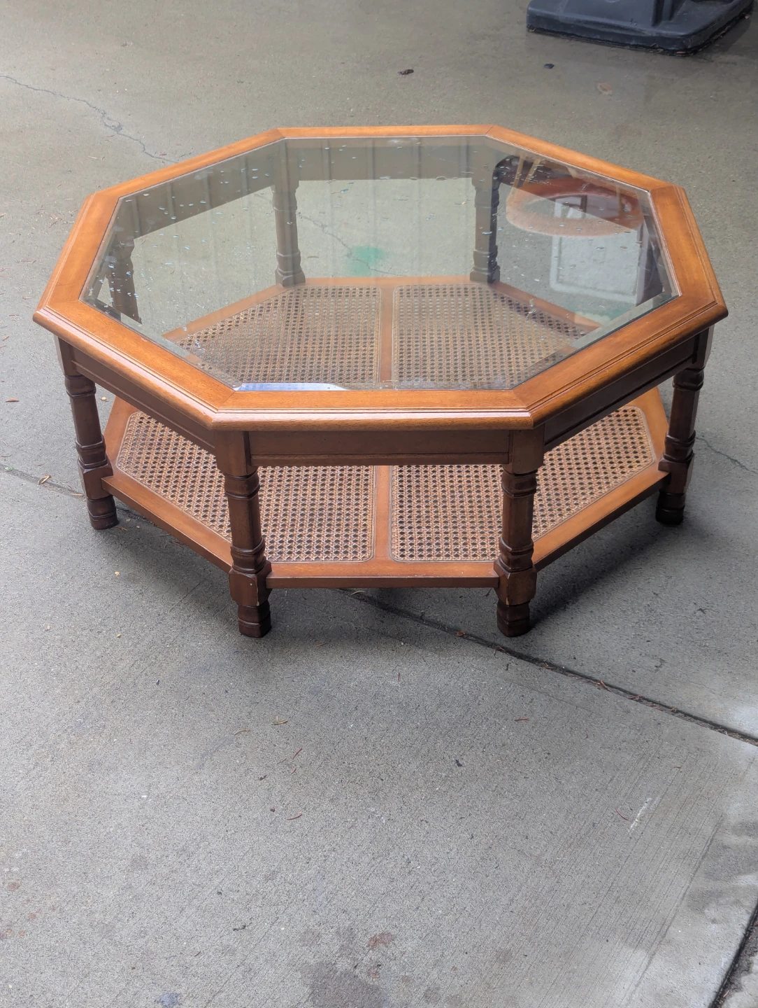 Vintage Octagon Glass Top Oak Coffee & End Table Set - photo 2
