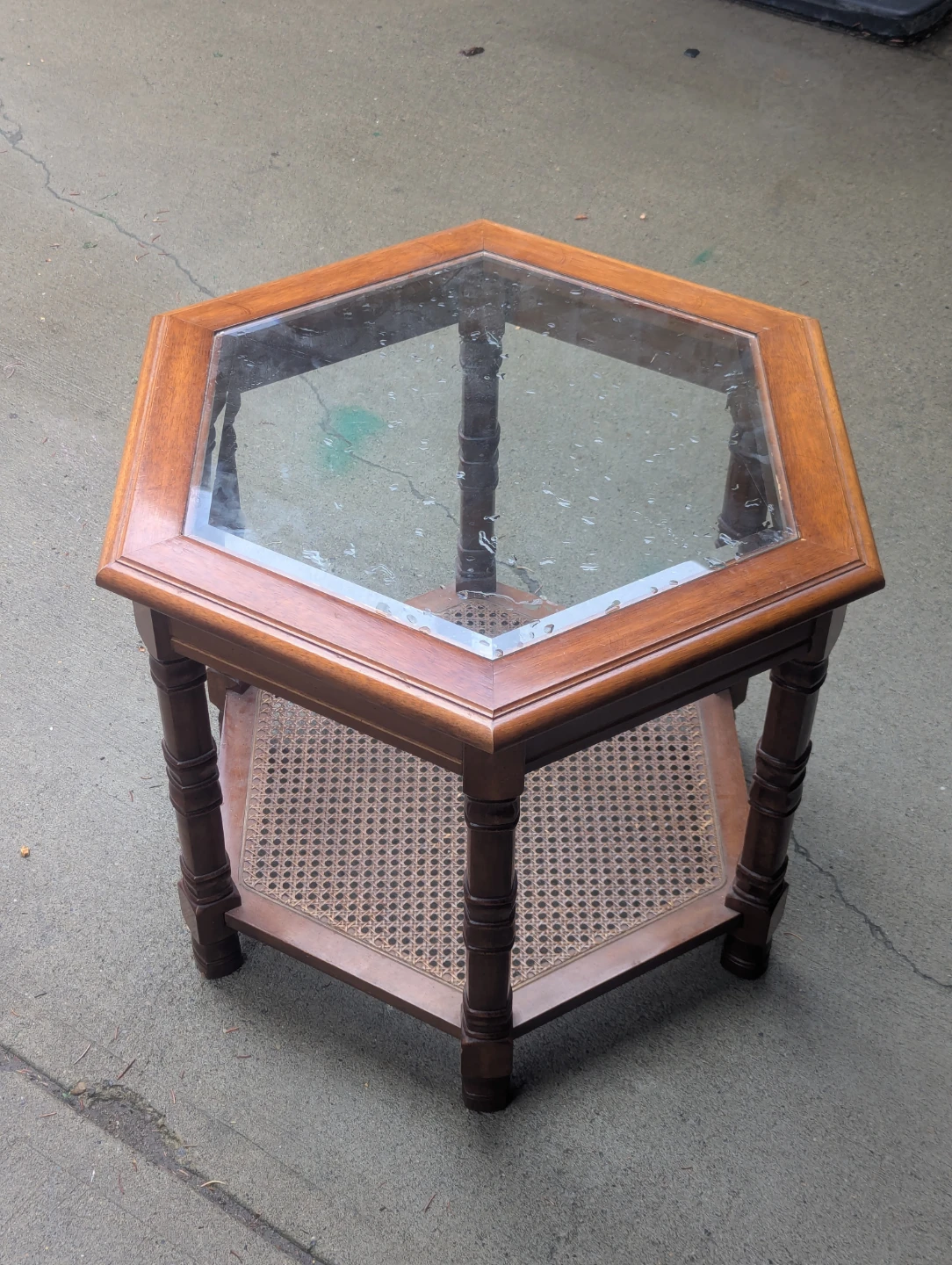 Vintage Octagon Glass Top Oak Coffee & End Table Set - photo 4