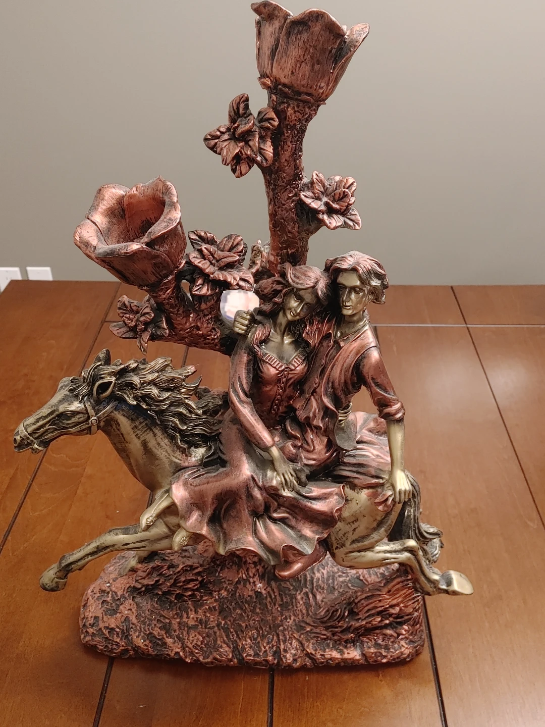 Bronze-tone couple riding a horse sculpture - photo 4