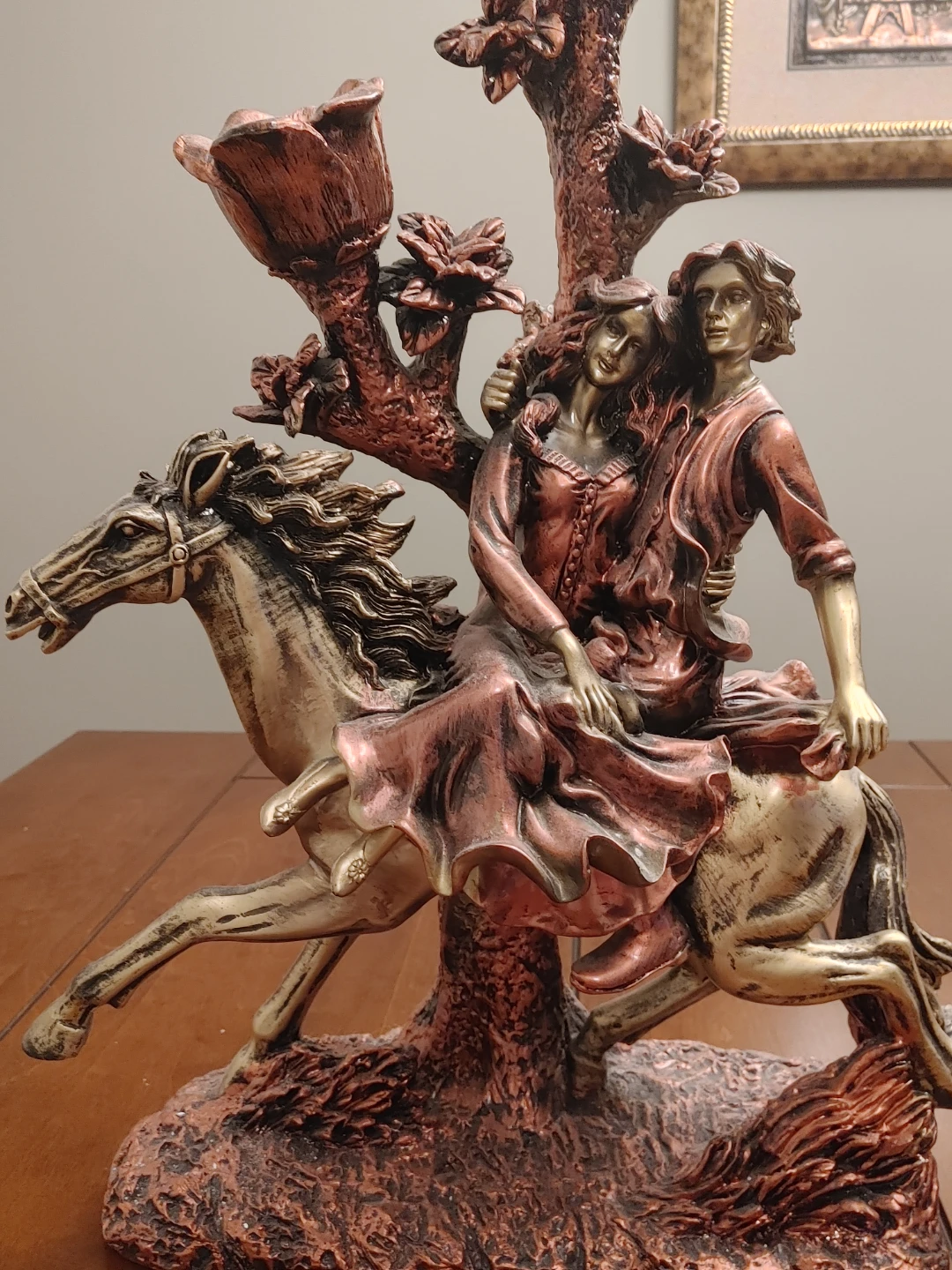 Bronze-tone couple riding a horse sculpture - photo 5