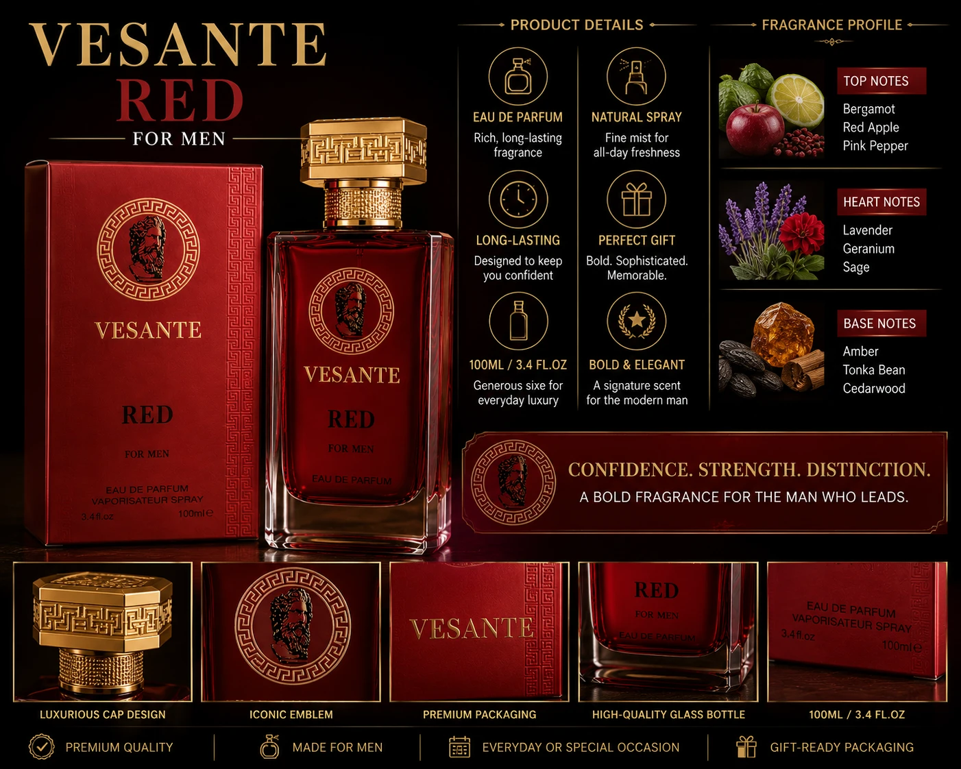 Vesante Red for Men Eau de Parfum 3.4 oz (100ml) Men's Fragrance - photo 4