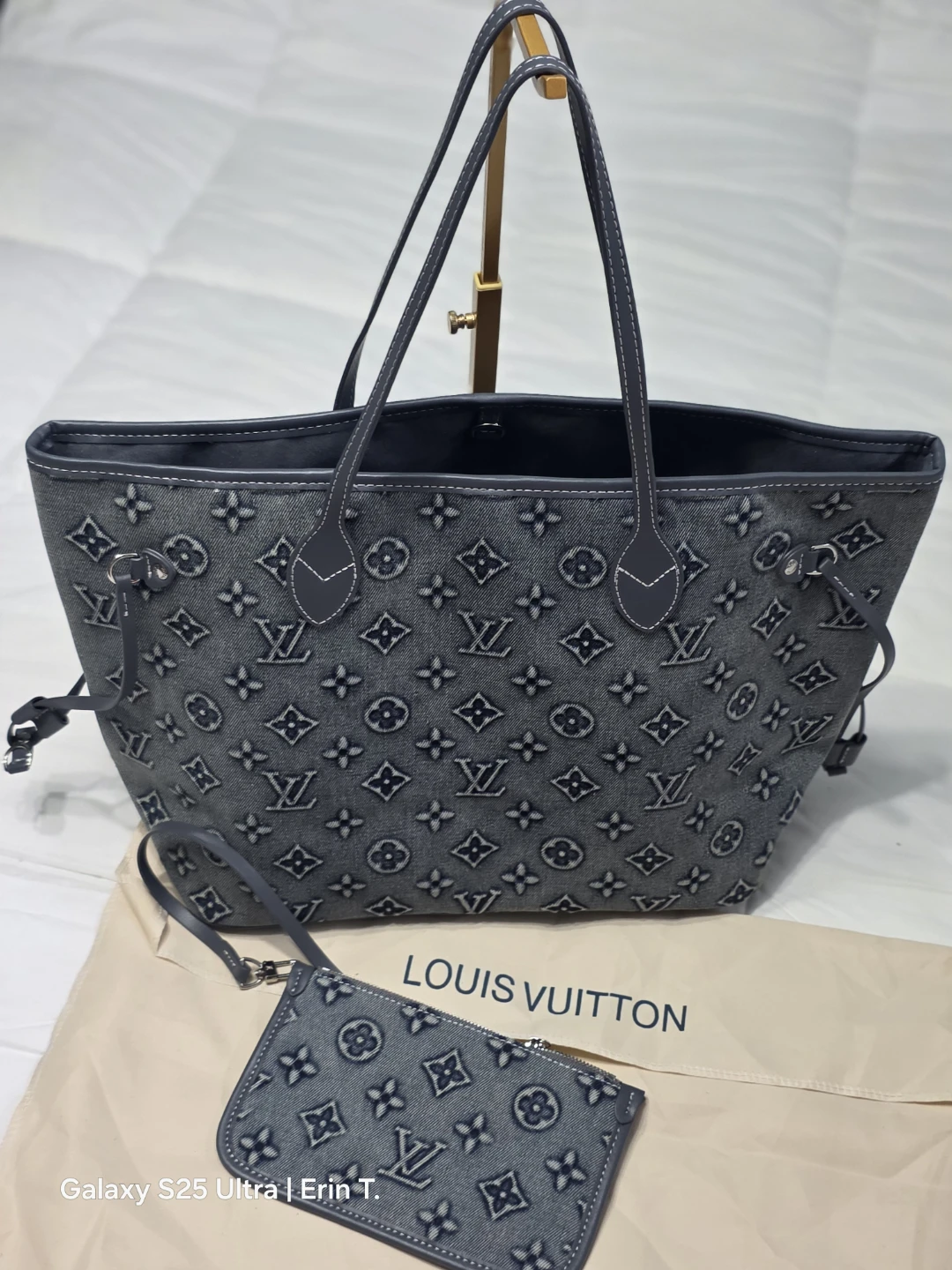 Denim Monogram Tote Bag with Pouch