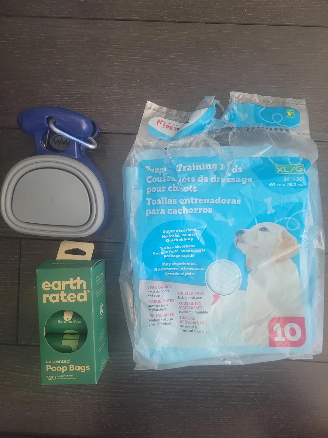 Dog poop scooper, Poop Bags, and puppy training pads
